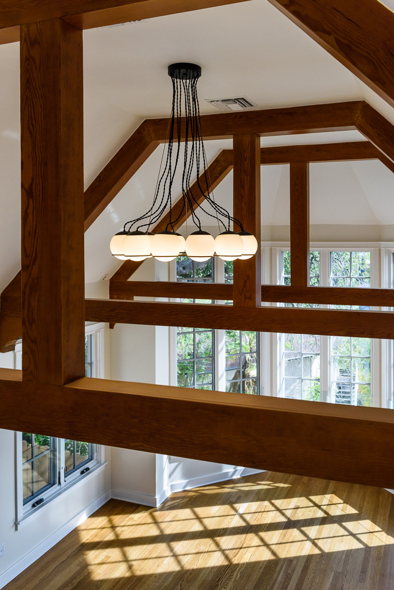  Vaulted ceiling with beams • Schoolhouse Electric Chandelier 